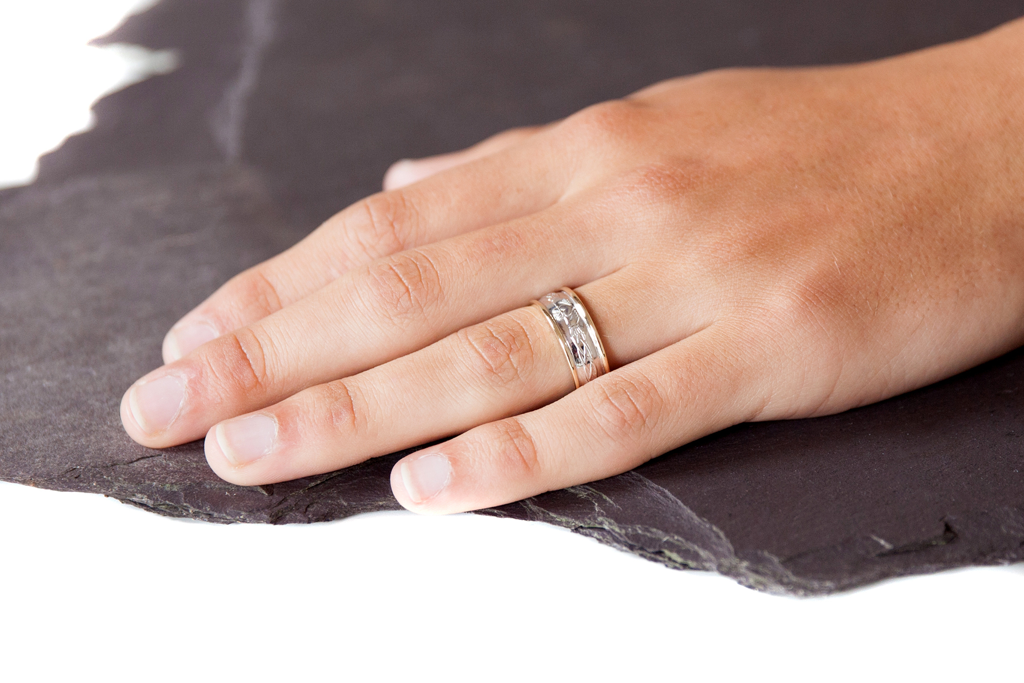 Mens Sterling Silver & 10K Yellow Gold Claddagh & Celtic Knot Wedding Ring - Model Photo