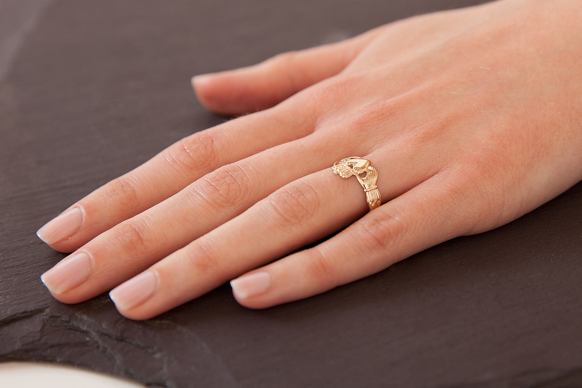 Irish Yellow Gold Claddagh Ring For Women - Model Photo