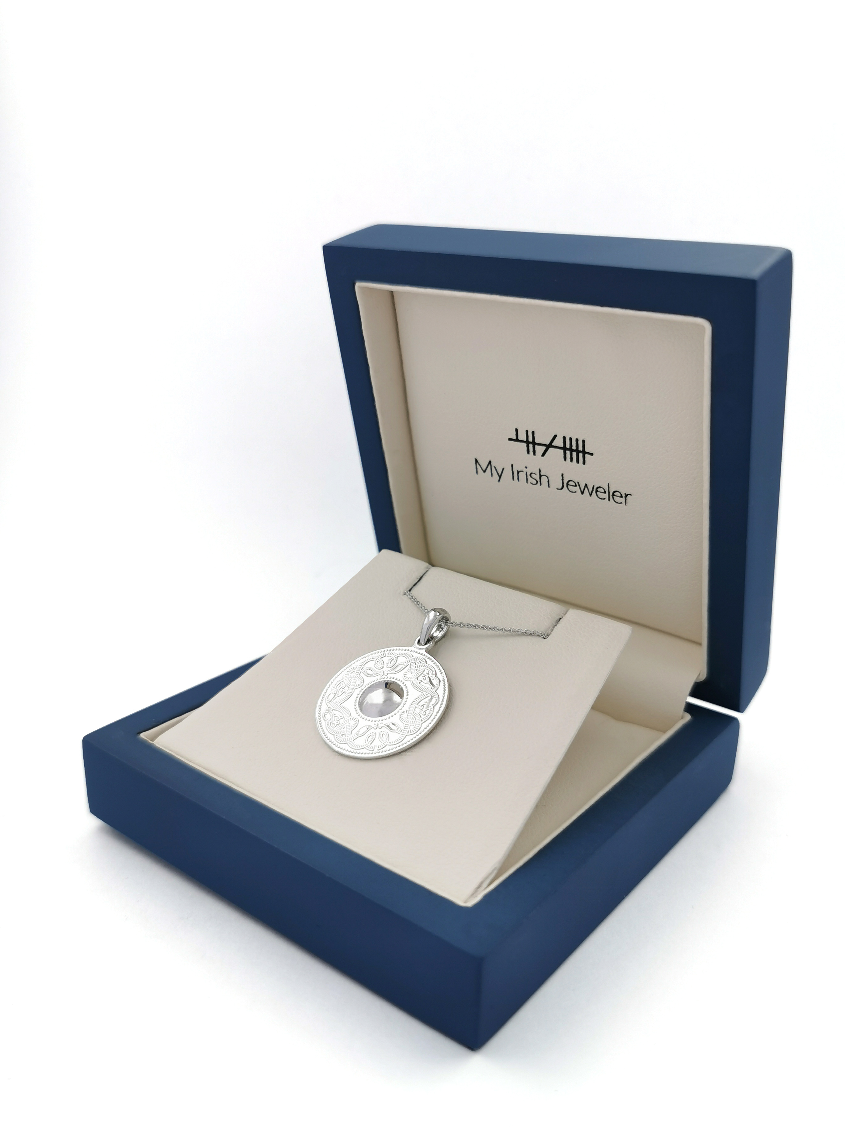 Womens Celtic Knot Necklace in White Gold. In Luxury Packaging.