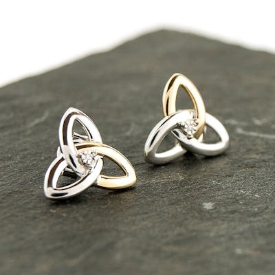 Sterling Silver & 10K Gold Trinity Stud Earrings - Diamond Set