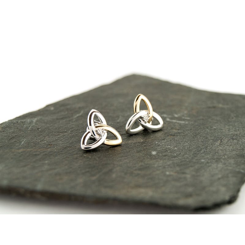 Sterling Silver & 10K Gold Trinity Stud Earrings - Diamond Set