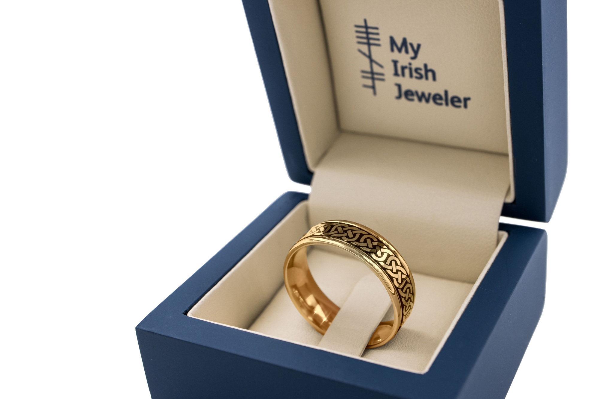 Luxurious 18K Yellow Gold Celtic Knot 5.0mm Ring With a Cerin Finish. In Luxury Packaging.