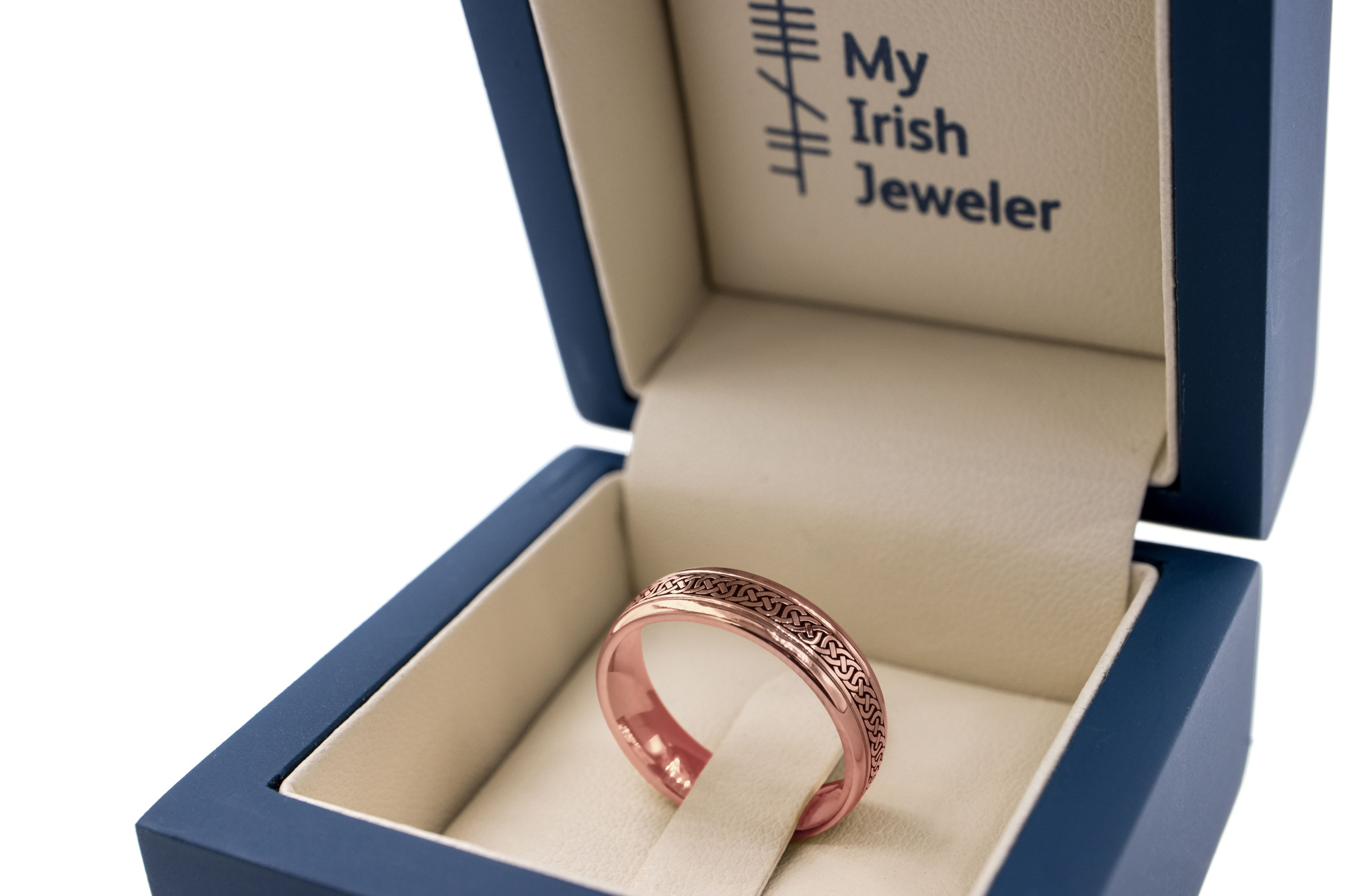 Authentic 18K Rose Gold Celtic Knot 5.0mm Ring With a Cerin Finish. In Luxury Packaging.