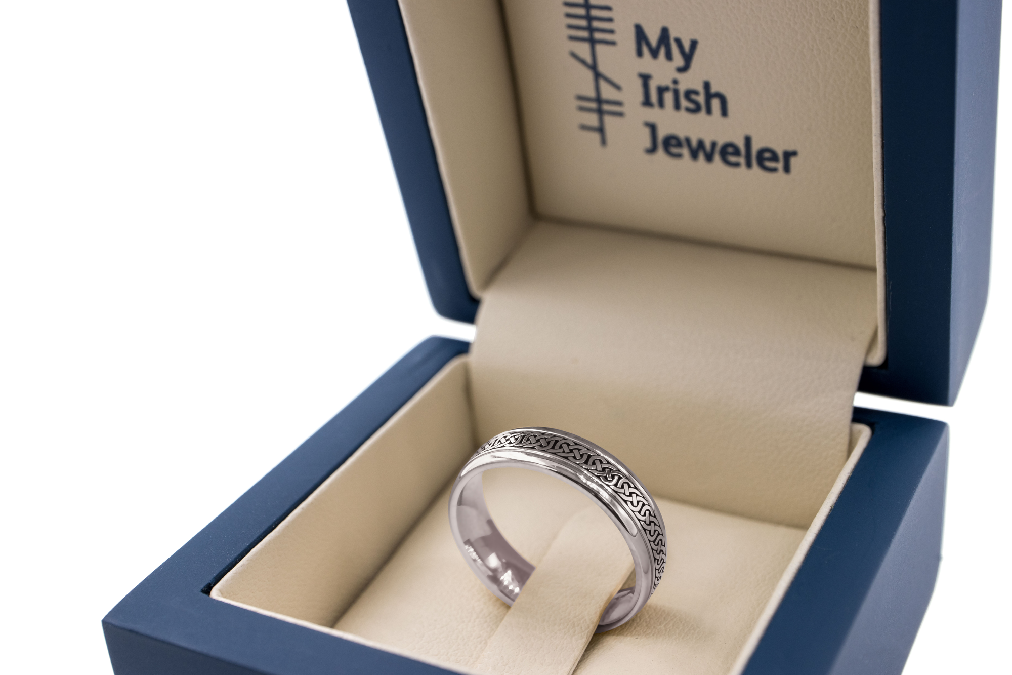 Real Platinum Celtic Knot 7.0mm Ring With a Cerin Finish. In Luxury Packaging.