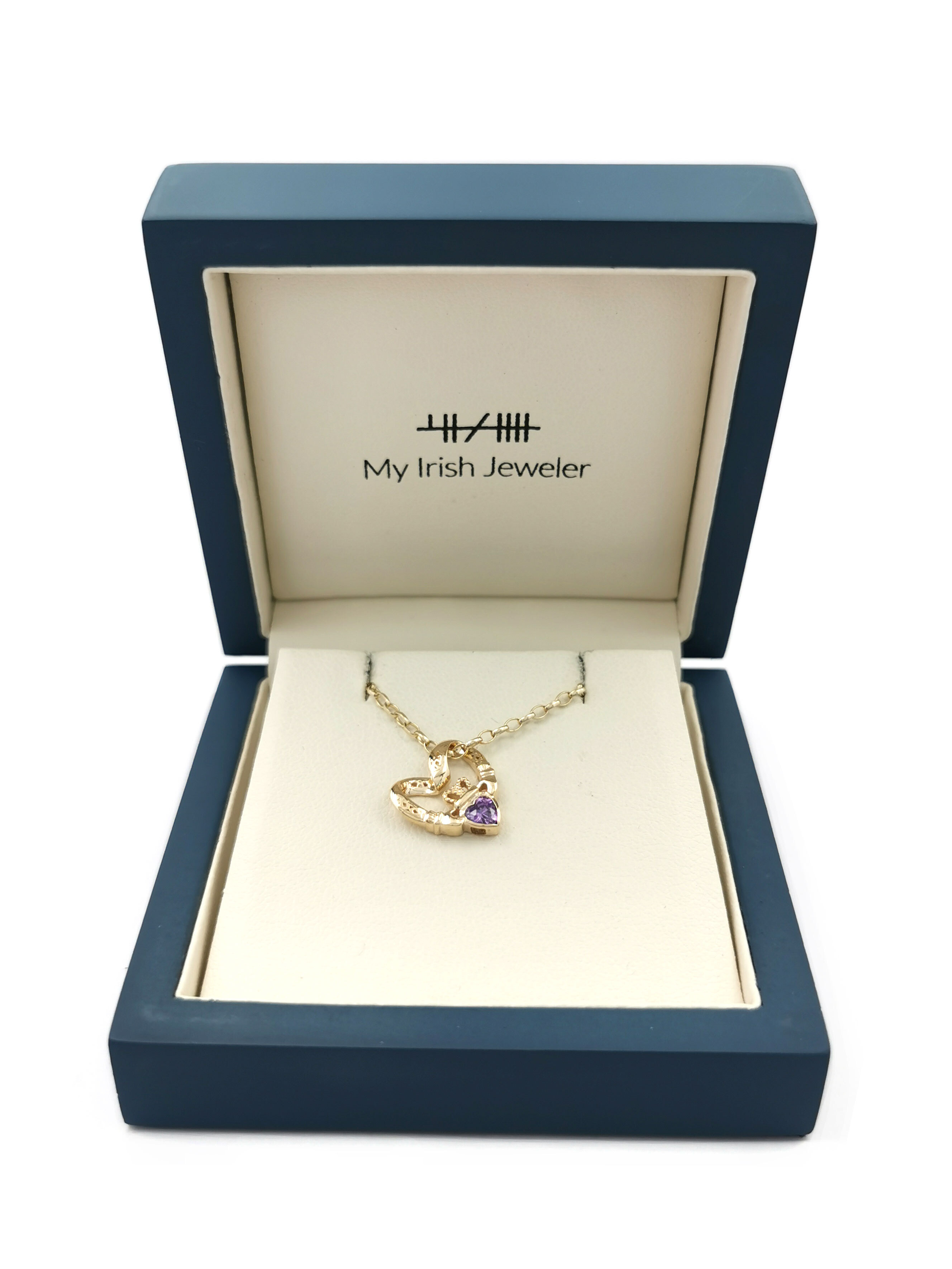 Womens Claddagh Necklace in 9K Yellow Gold. In Luxury Packaging.