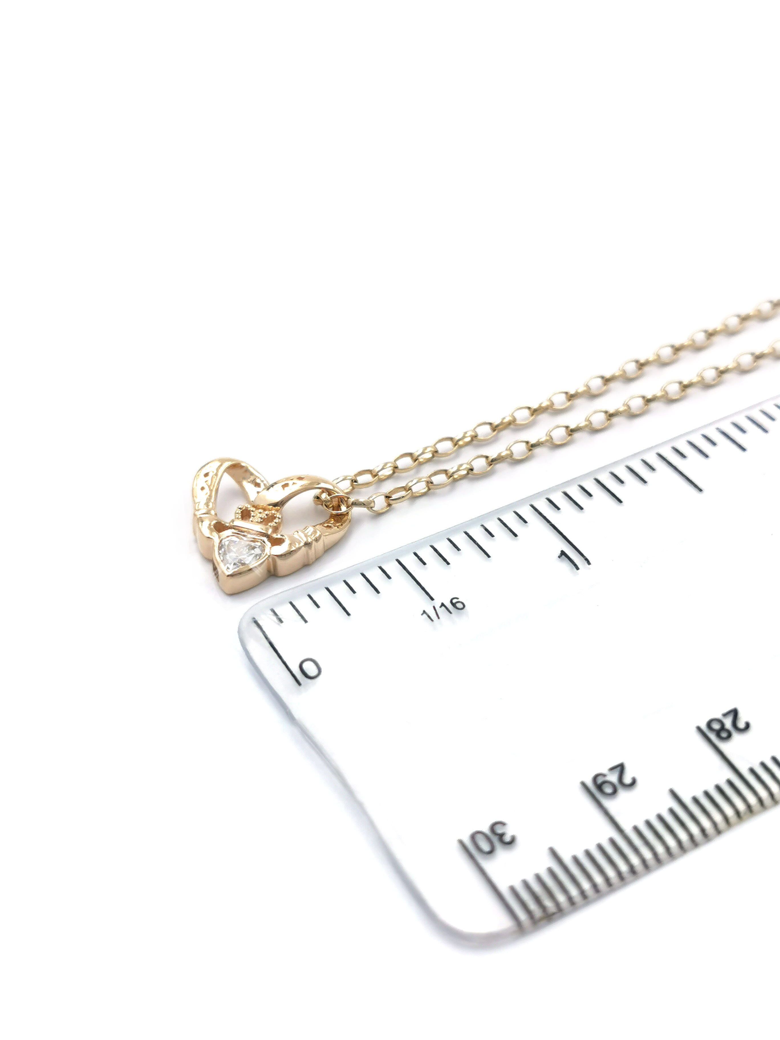 Womens Claddagh Necklace in Real 9K Yellow Gold. Picture For Scale.