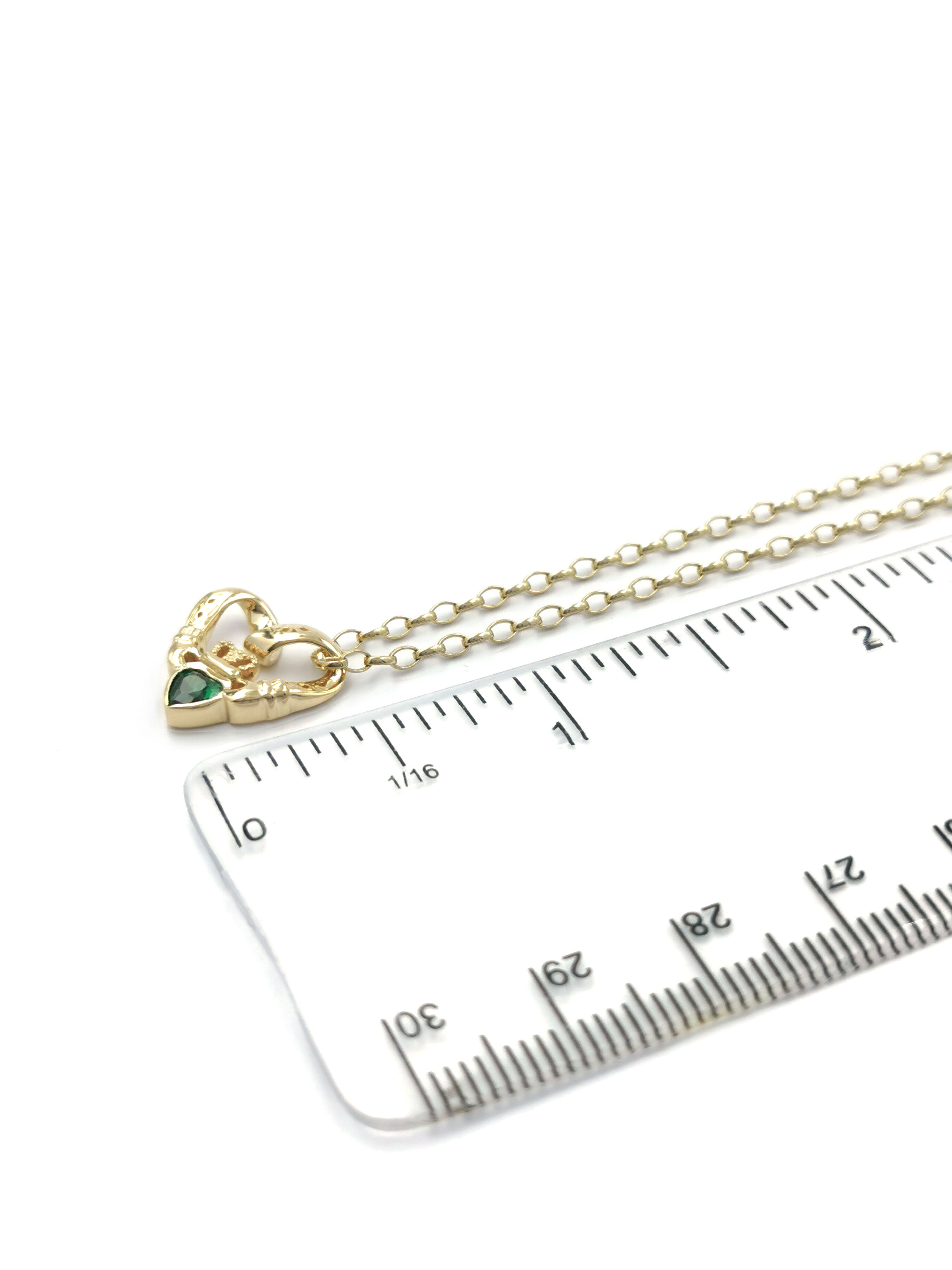 Irish Yellow Gold Claddagh Necklace For Women. Picture For Scale.