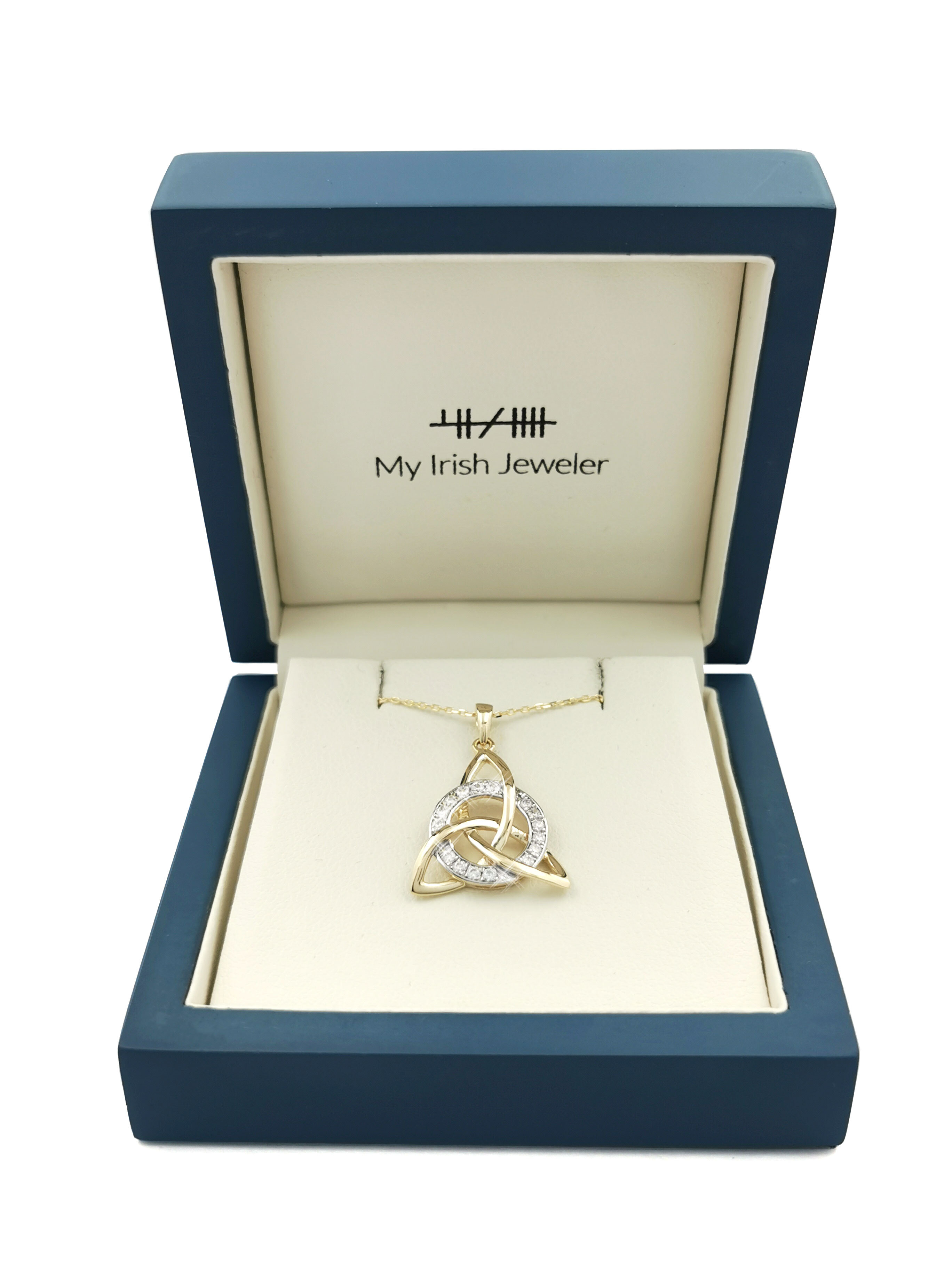Womens Authentic Yellow Gold & White Gold Celtic Knot & Trinity Knot Necklace. In Luxury Packaging.