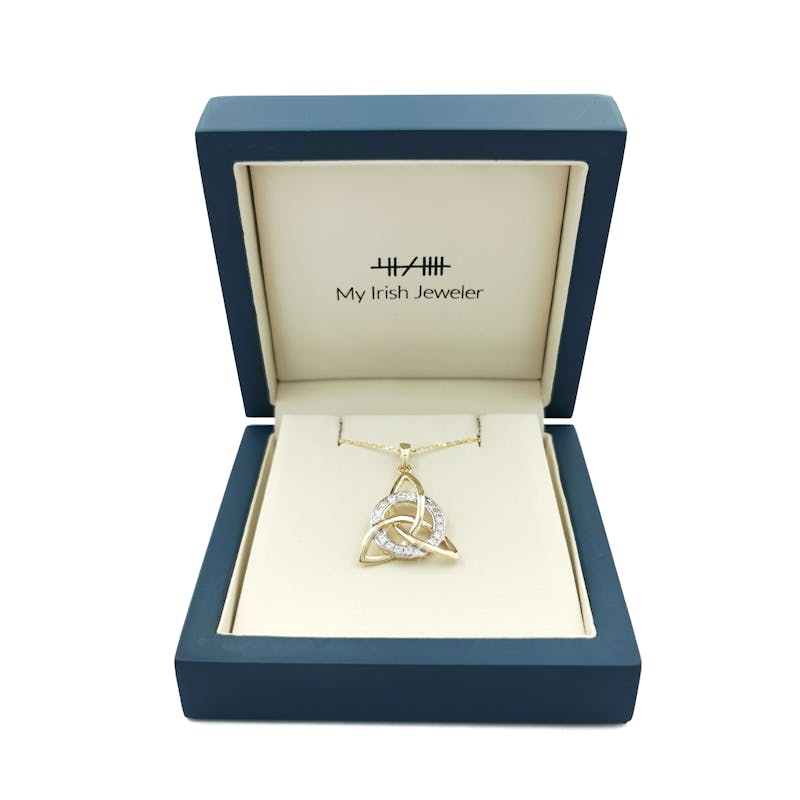 Womens Authentic Yellow Gold & White Gold Celtic Knot & Trinity Knot Necklace. In Luxury Packaging.