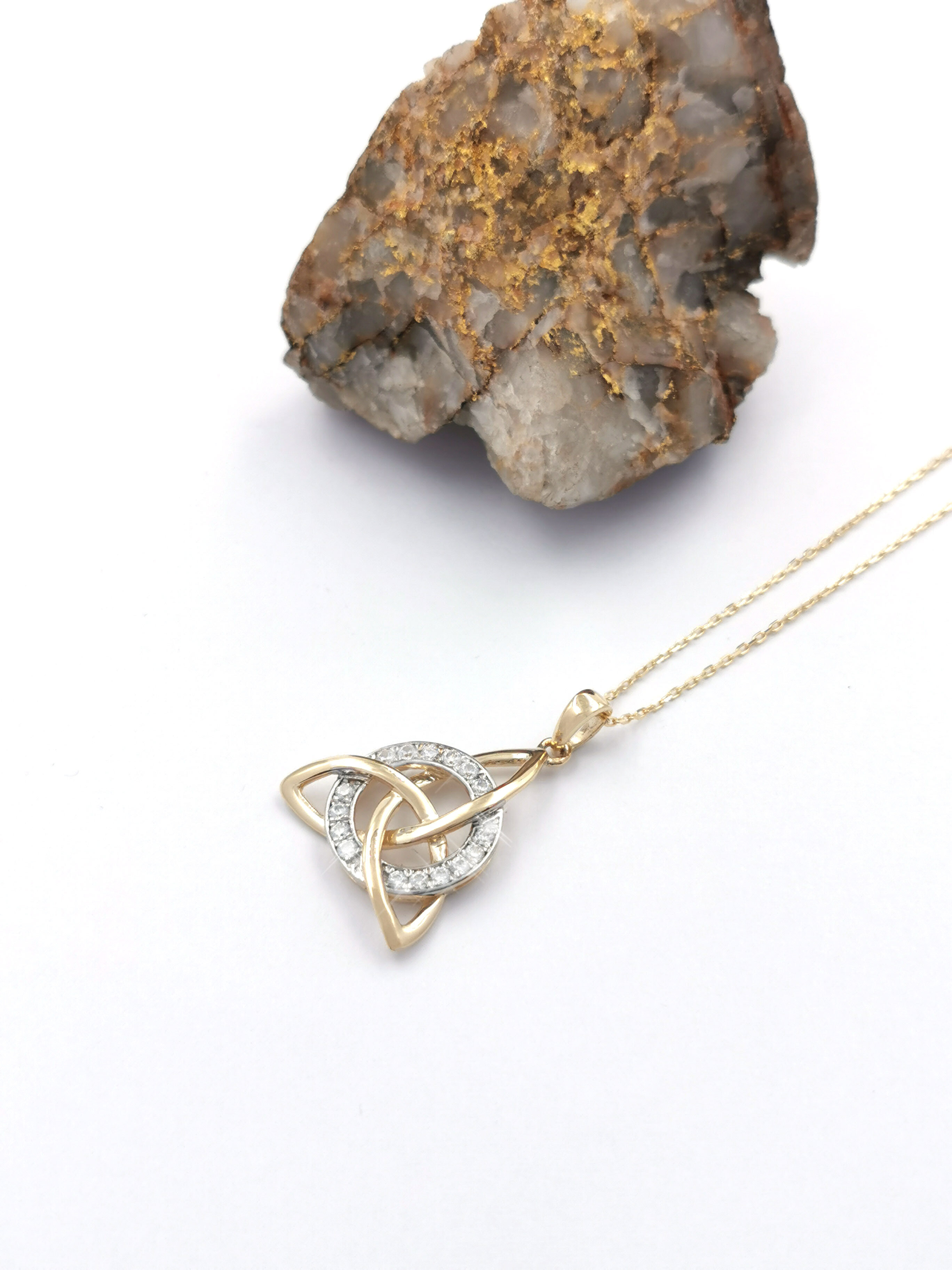 Attractive Yellow Gold & White Gold Celtic Knot Necklace For Women. Pictured Flat.