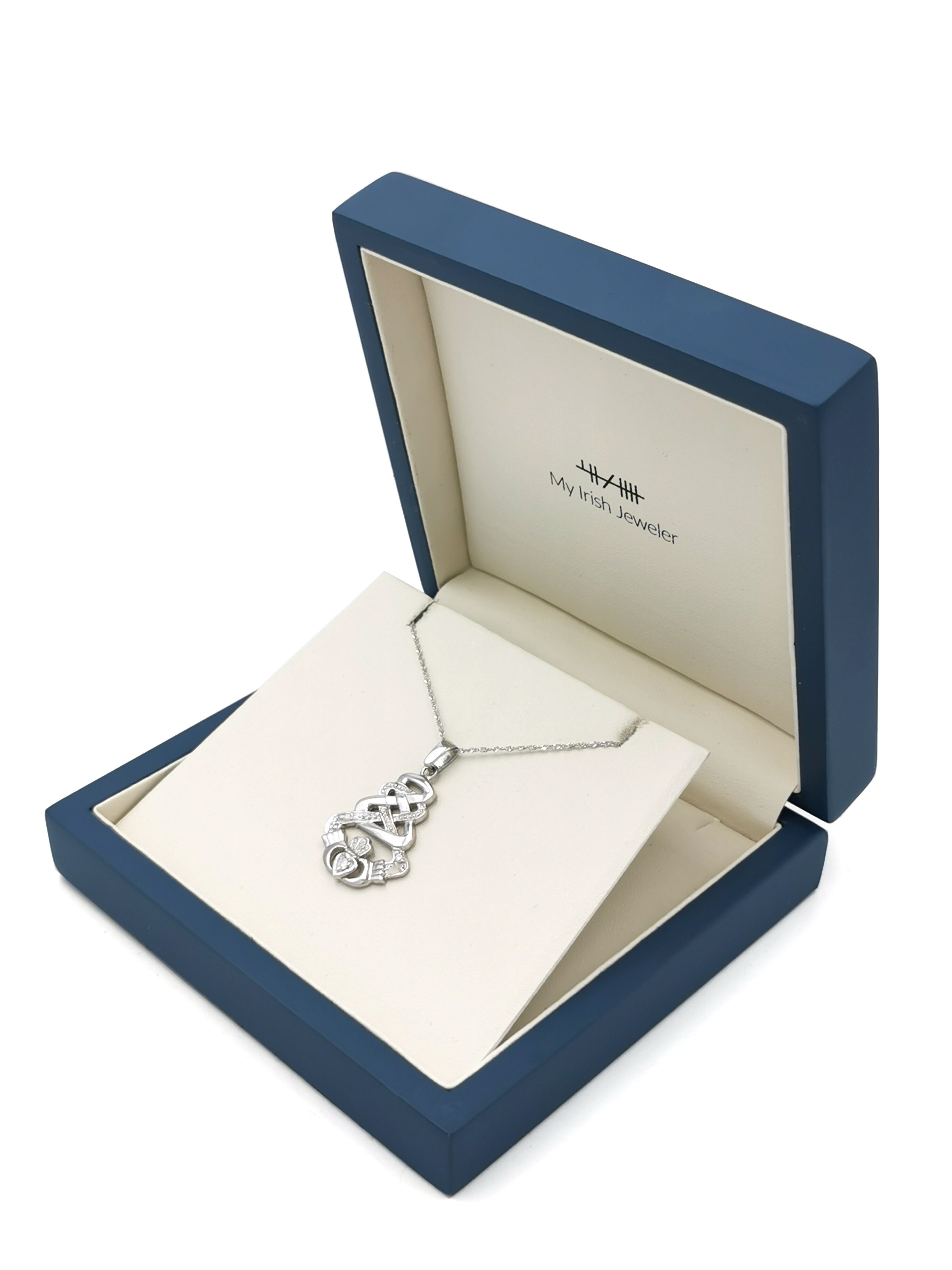 Irish White Gold Claddagh Necklace For Women. In Luxury Packaging.
