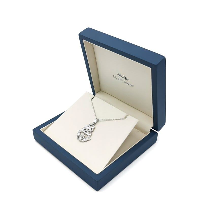 Irish White Gold Claddagh Necklace For Women. In Luxury Packaging.