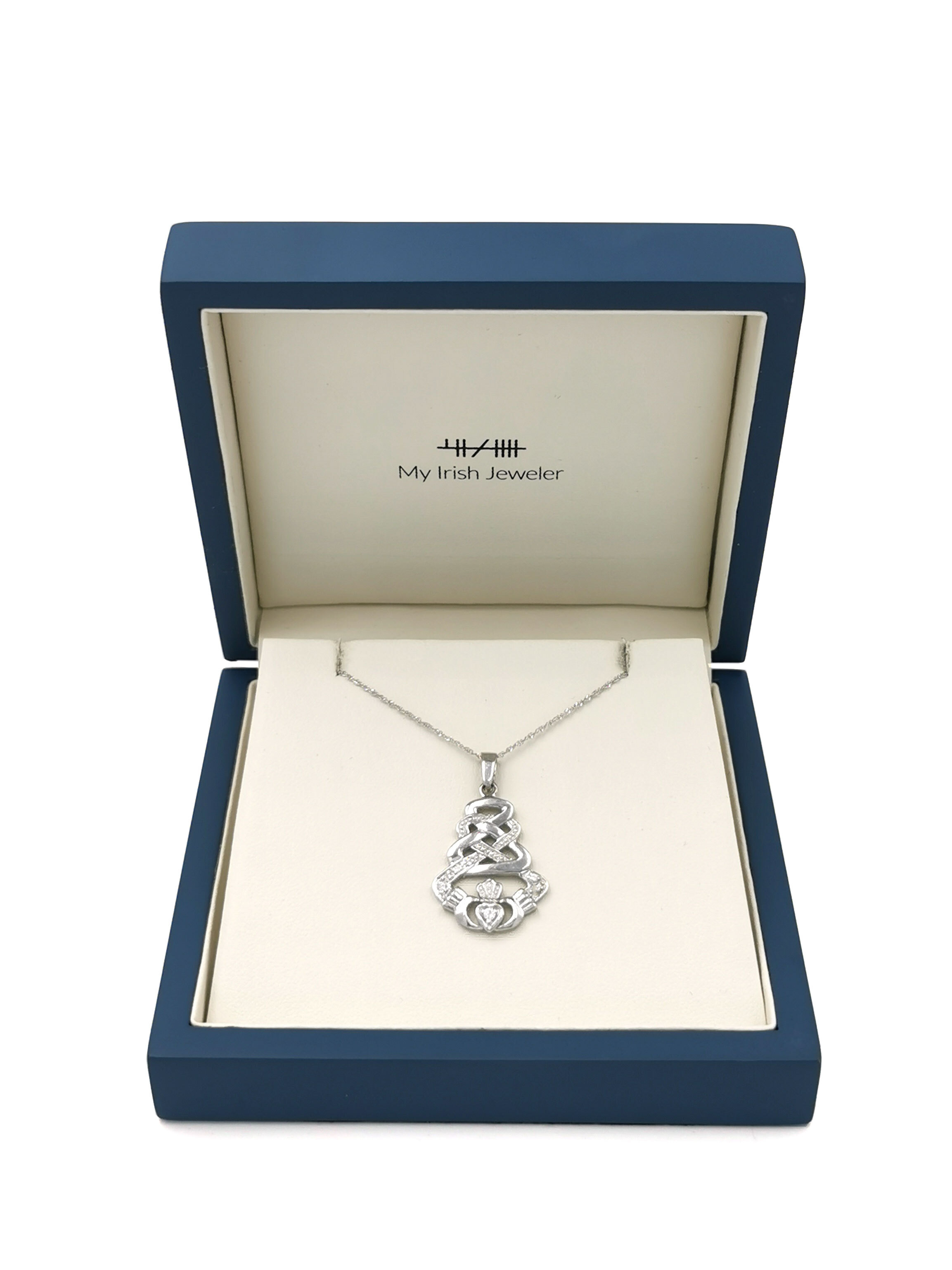 Womens Claddagh Necklace in 9K White Gold. In Luxury Packaging.