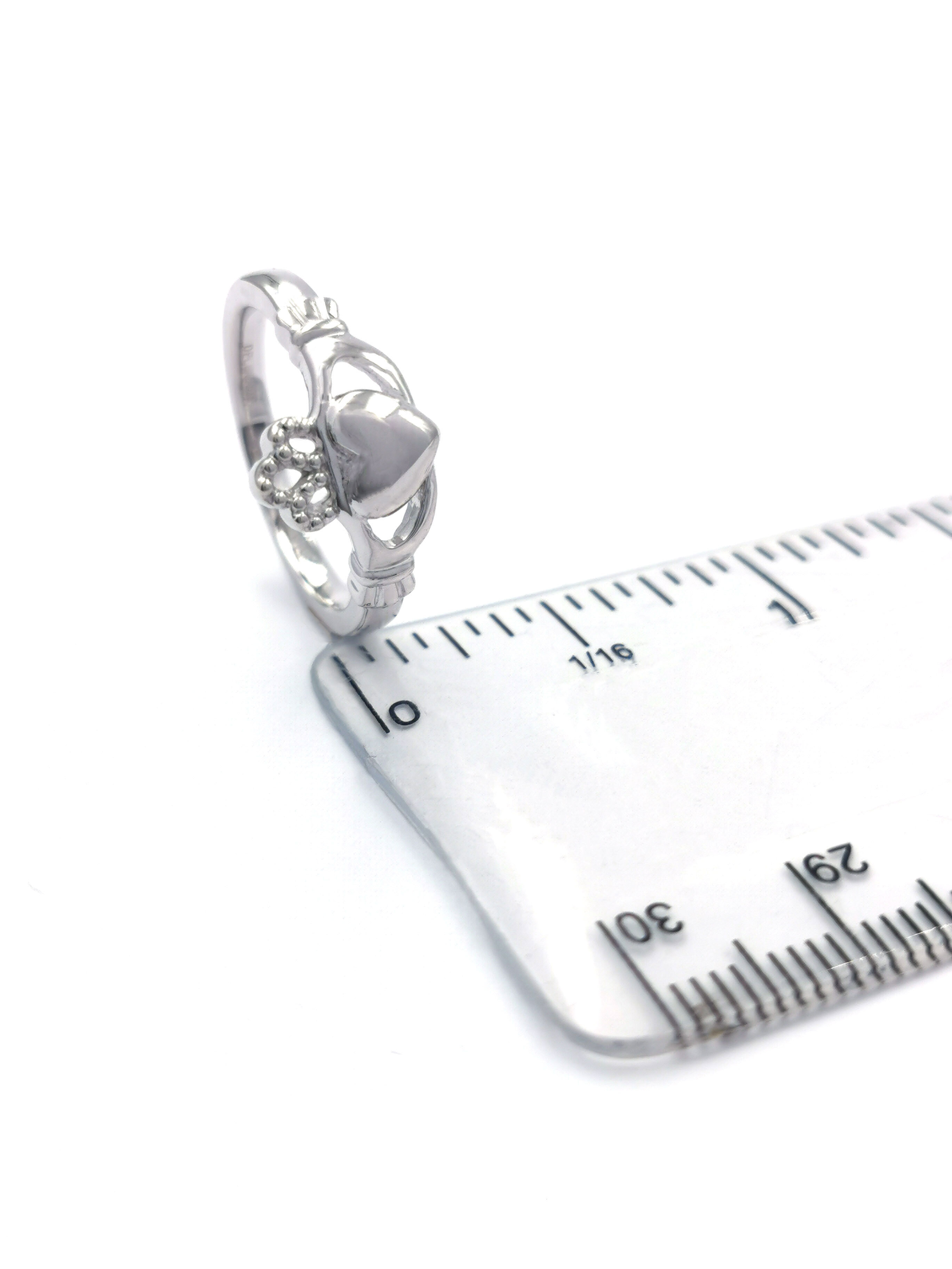 Womens 9K White Gold Claddagh Ring. Picture For Scale.