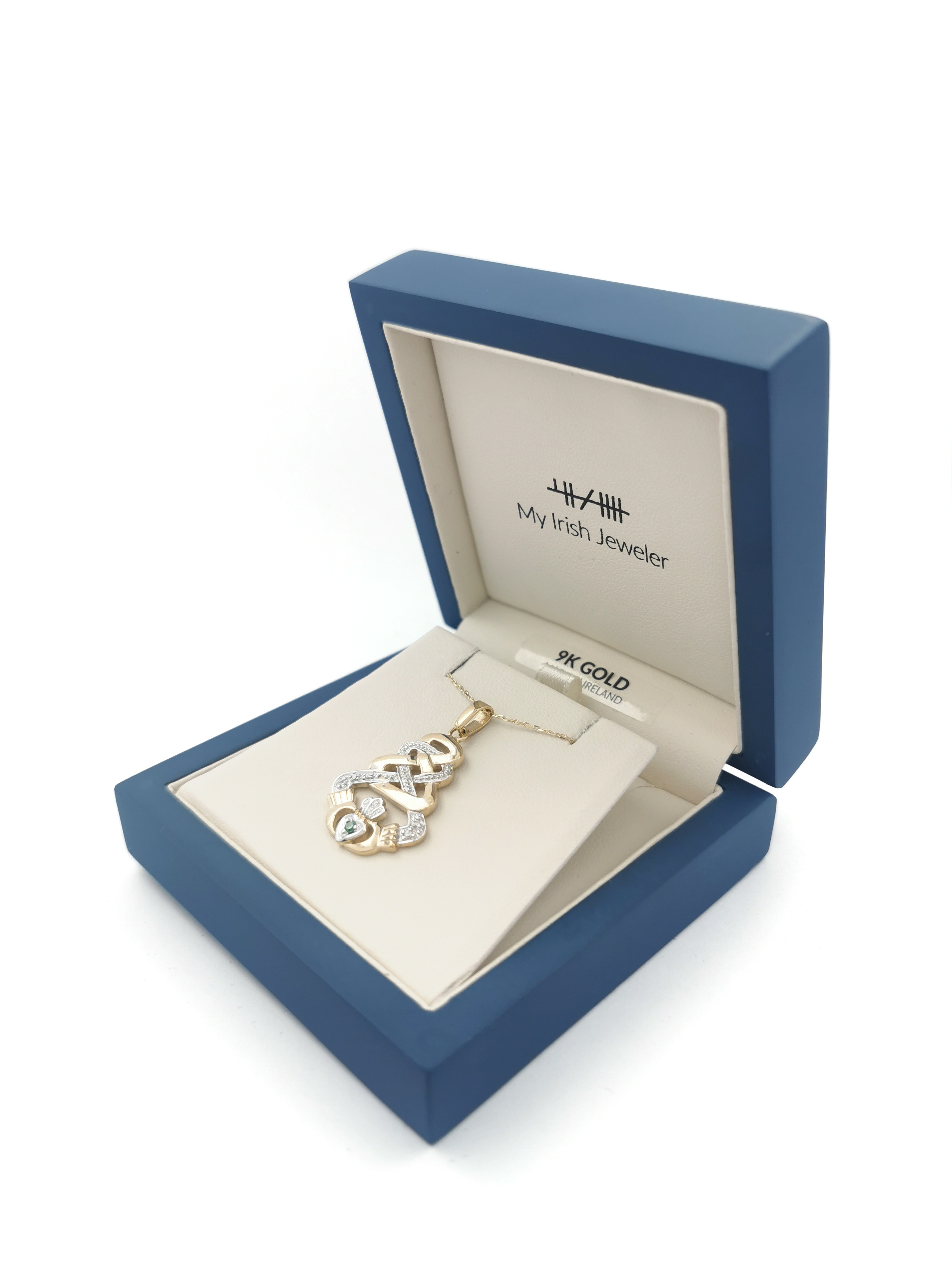 Authentic 9K Yellow Gold Claddagh Necklace For Women. In Luxury Packaging.