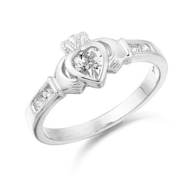 9K White Gold CZ Claddagh Ring with Channel Set… | My Irish Jeweler