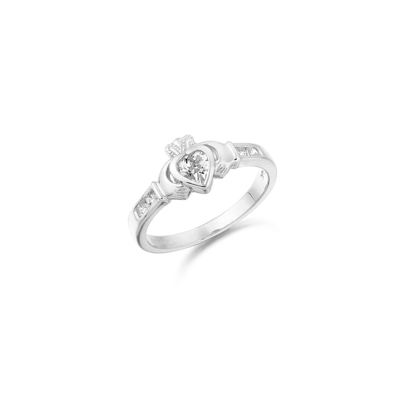 9K White Gold CZ Claddagh Ring with Channel Set… | My Irish Jeweler