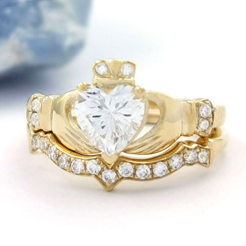 9K Gold Matching Claddagh Ring Set with CZ Heart