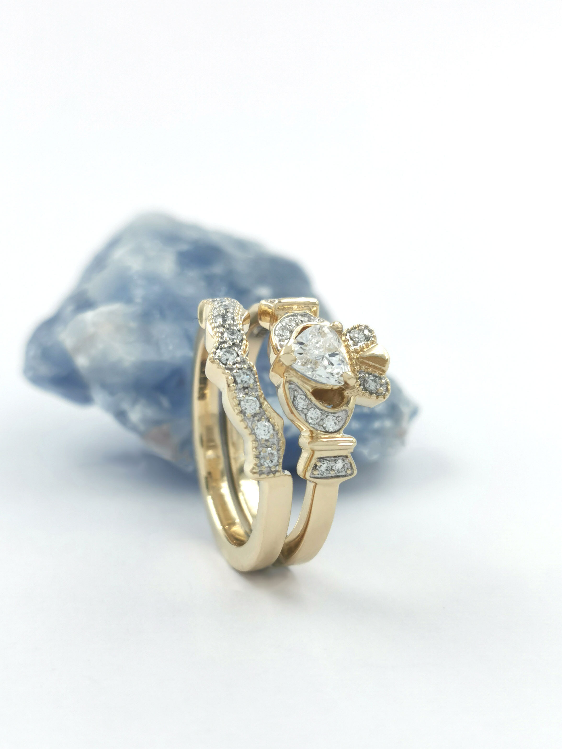 Womens Claddagh Engagement Ring in Real 14K Yellow Gold. Side View.