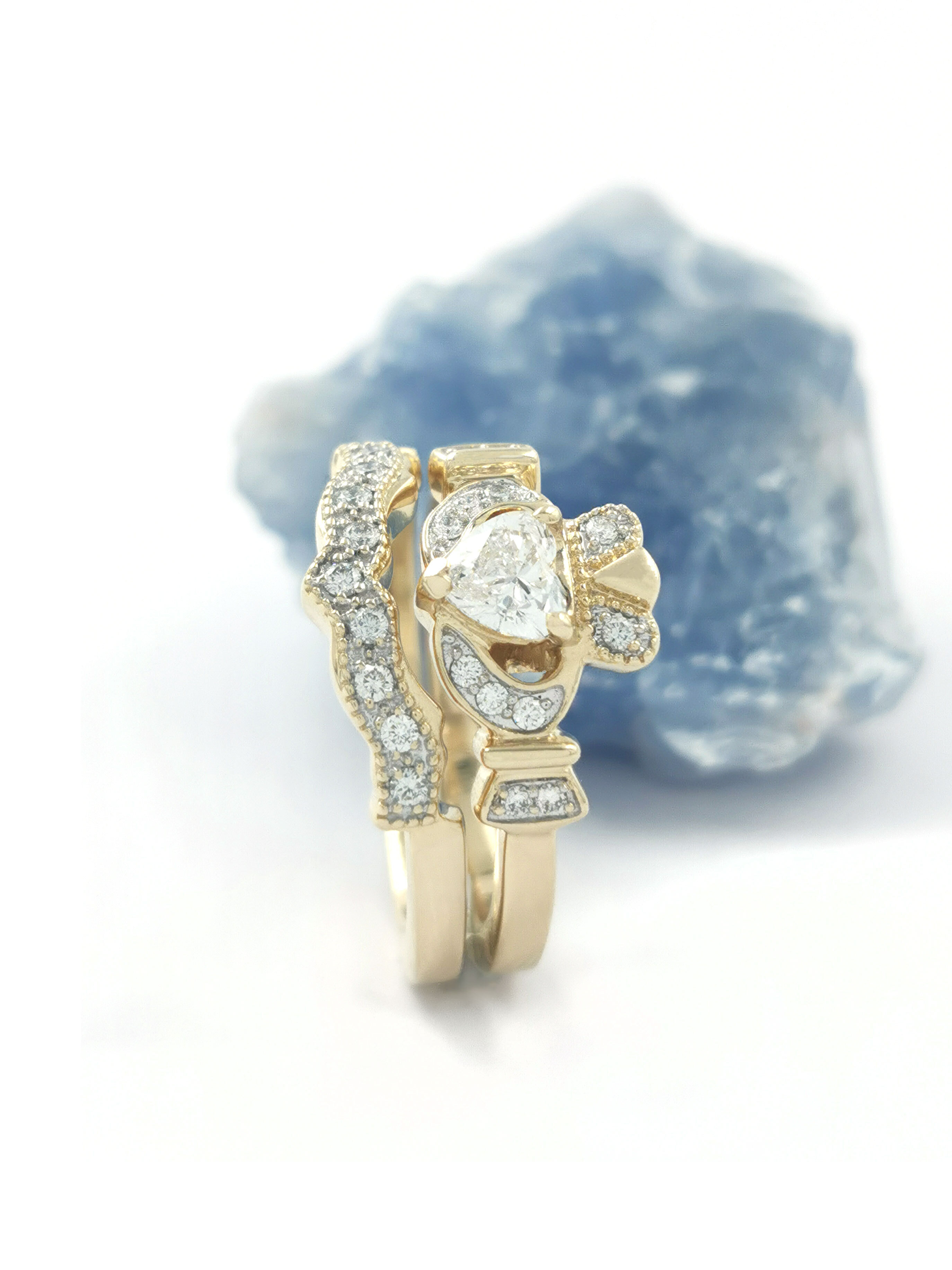 Womens Claddagh Engagement Ring in Yellow Gold. Side View.