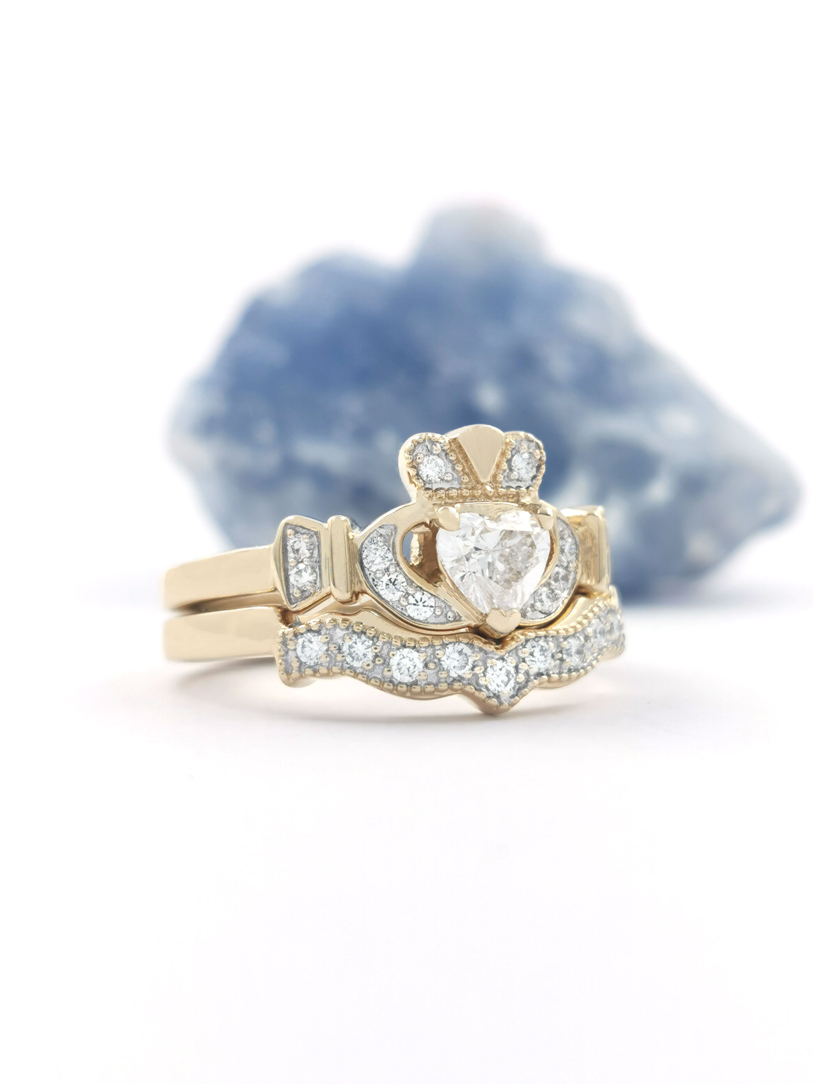 Womens Authentic 14K Yellow Gold Claddagh 0.50ct Lab Grown Diamond Engagement Ring. Side View.