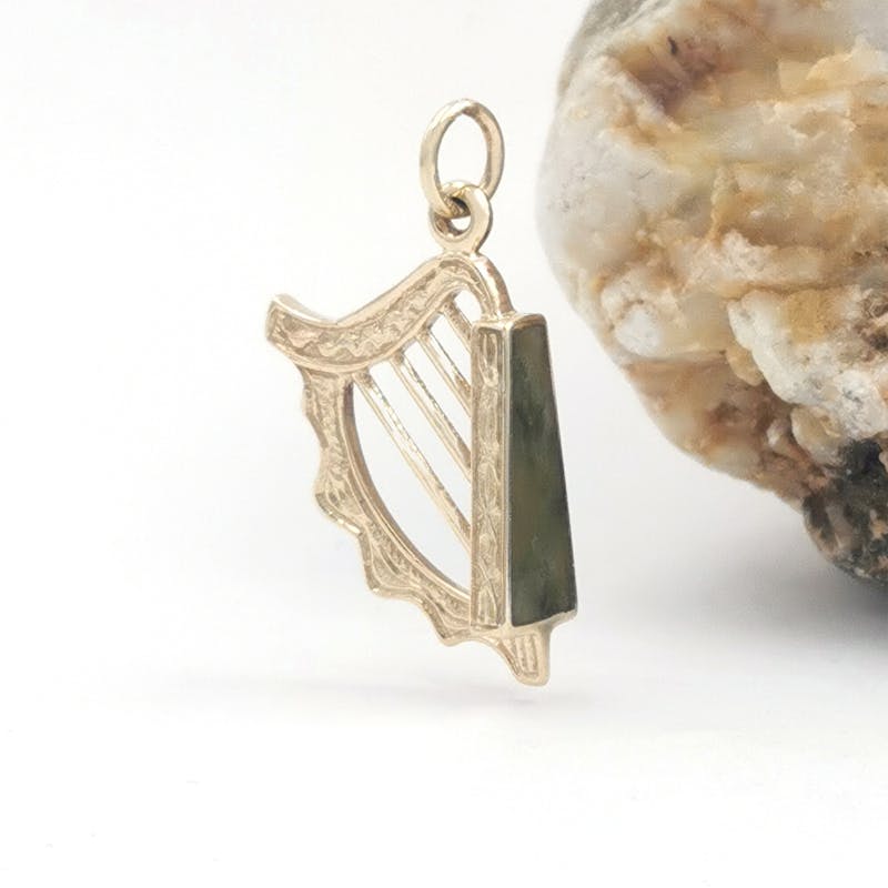 14K Gold Connemara Marble Set Harp Charm