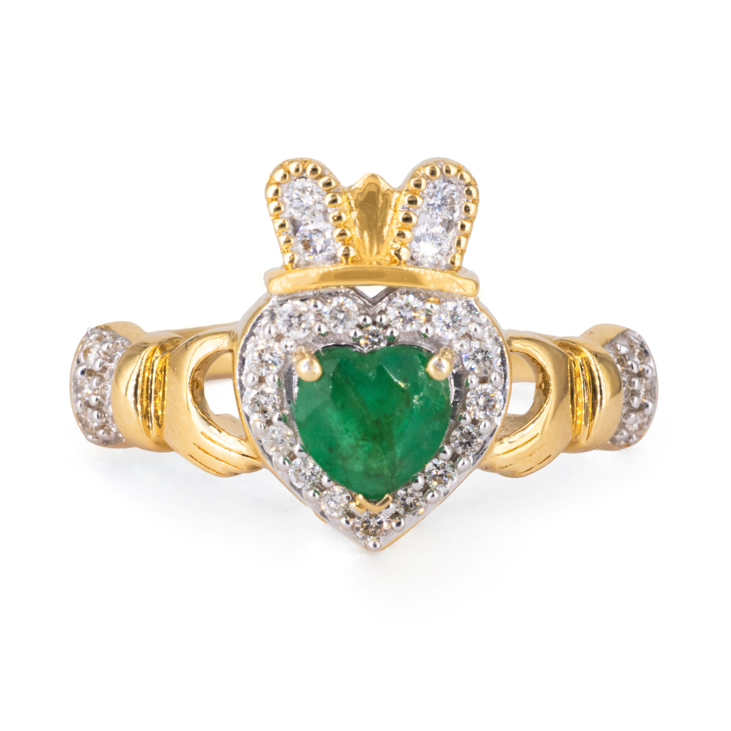 Emerald and Diamond Halo Claddagh Ring