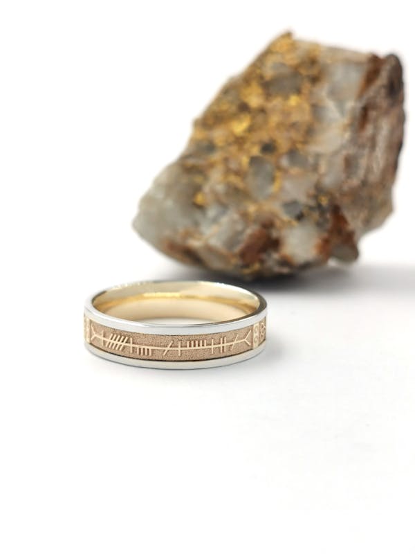 Irish Yellow Gold & White Gold Mo Anam Cara & Ogham Ring With a Florentine Finish For Men