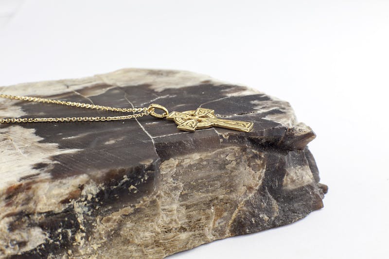 Small Gorgeous 10K Yellow Gold Celtic Cross Necklace For Women. Side View.