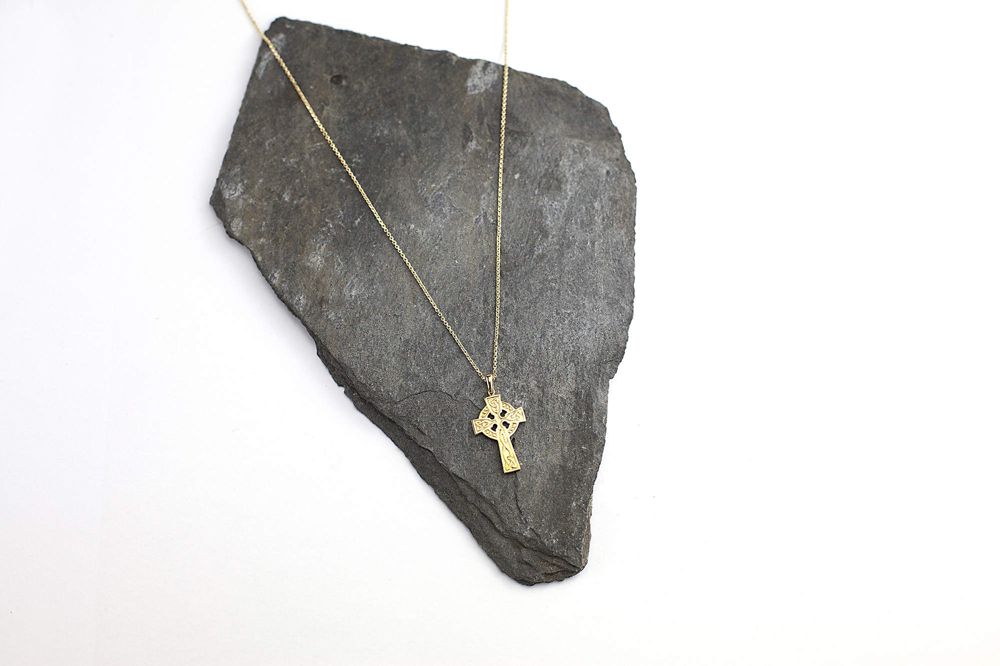Womens Celtic Cross Necklace in 10K Yellow Gold. Side View.