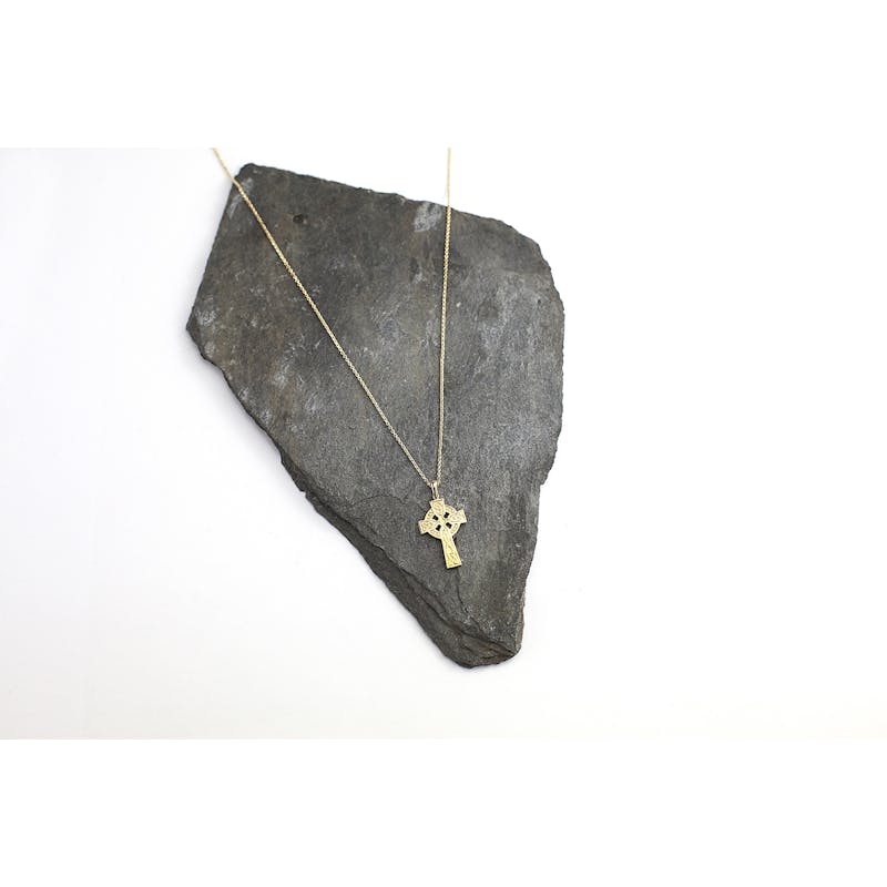Womens Celtic Cross Necklace in 10K Yellow Gold. Side View.