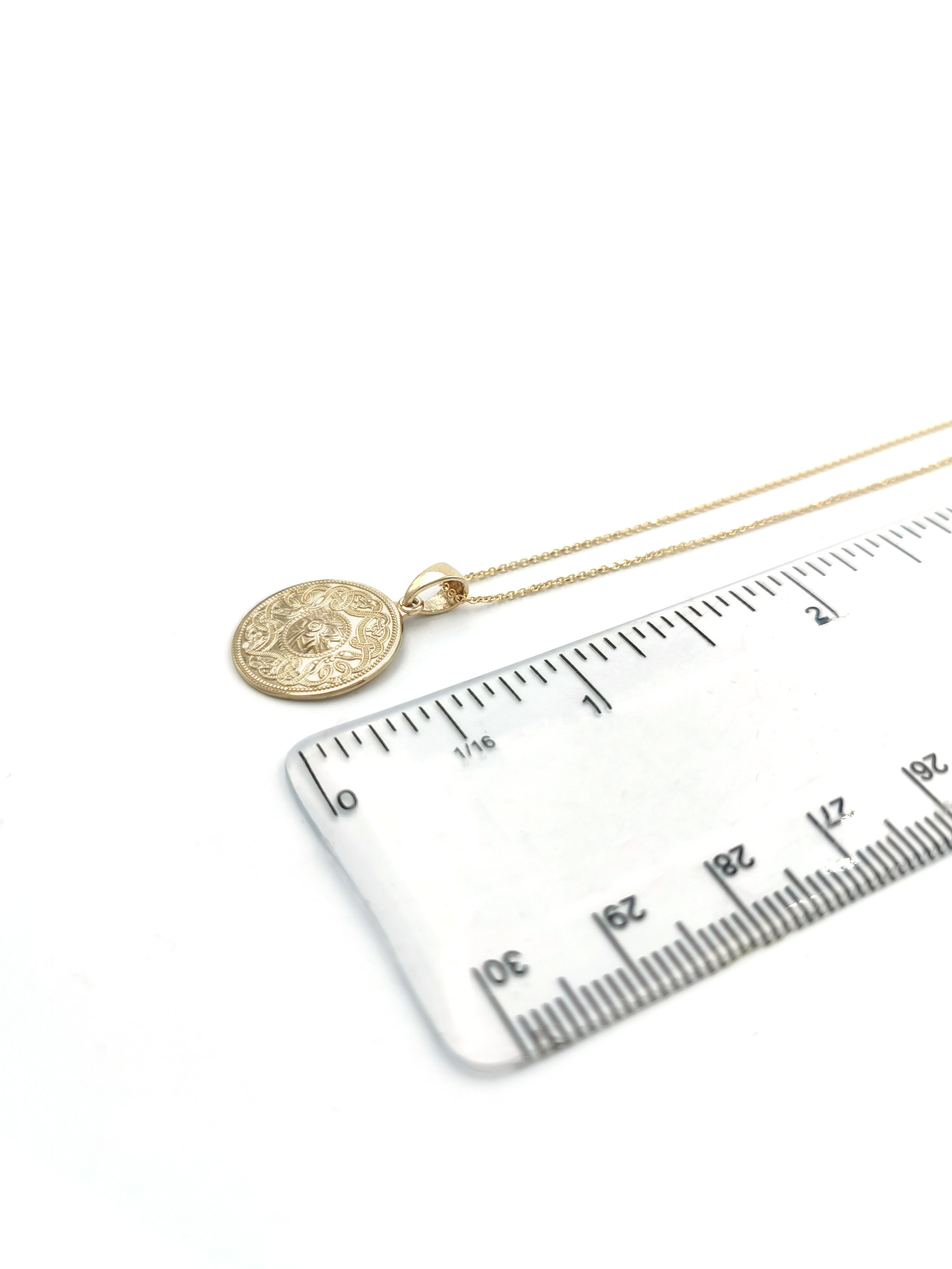 Striking 14K Yellow Gold Celtic Warrior & Celtic Knot Necklace For Women. Picture For Scale.