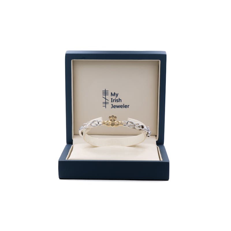 Womens Polished Claddagh & Celtic Knot Gift Set in Real Sterling Silver & 10K Yellow Gold