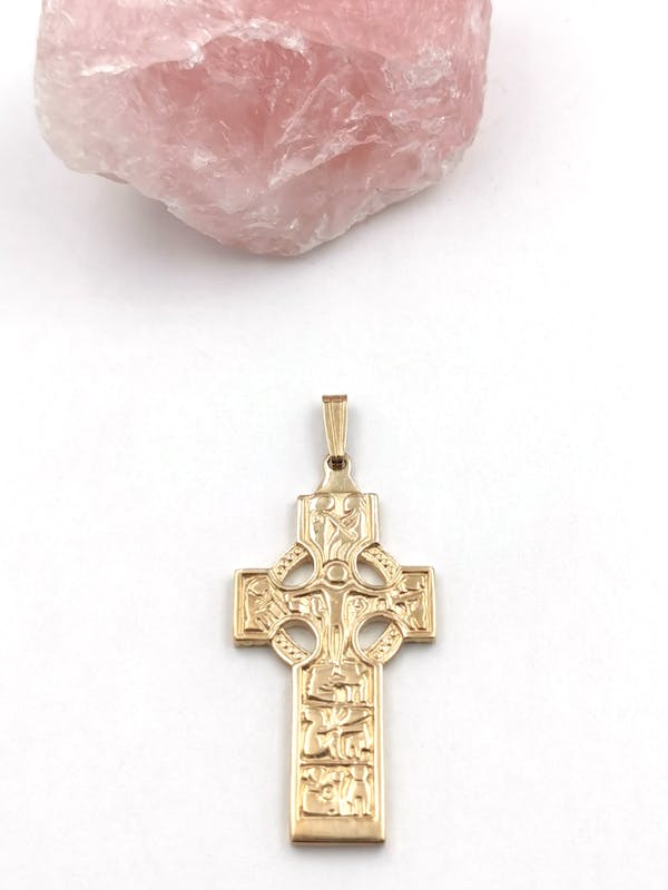 Real Yellow Gold Celtic Cross & High Crosses Of Ireland Necklace