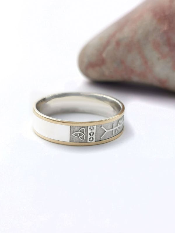 Authentic Sterling Silver & 10K Yellow Gold Mo Anam Cara & Ogham Ring For Men With a Florentine Finish
