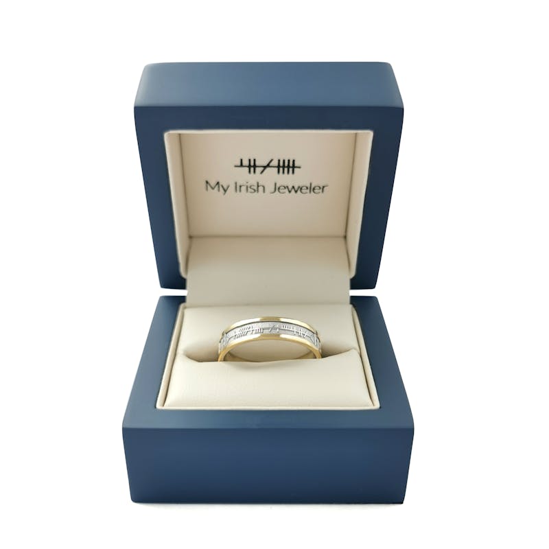 Genuine Sterling Silver & 10K Yellow Gold Mo Anam Cara Wedding Ring With a Florentine Finish For Women. In Luxury Packaging.