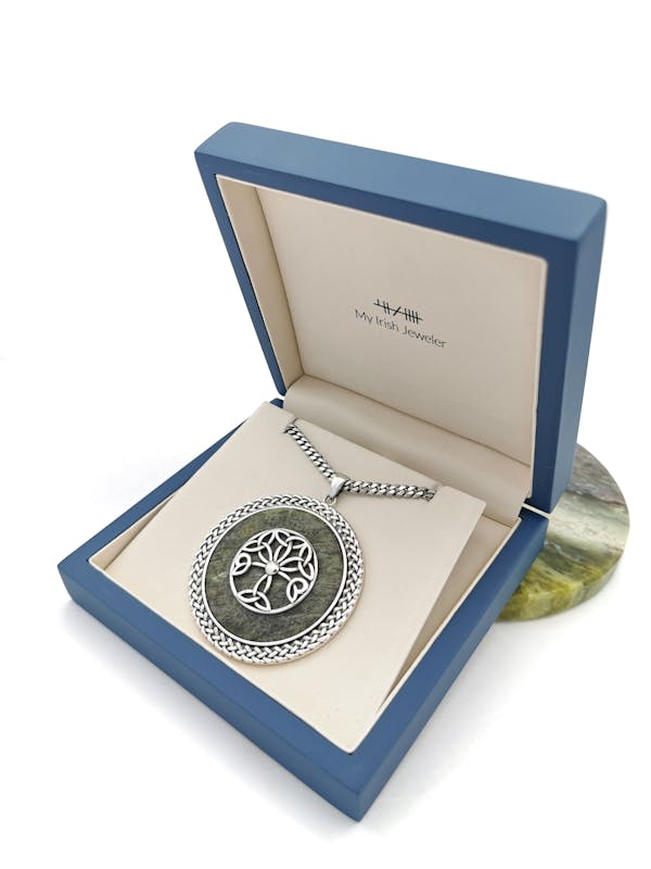 Large Womens Irish Sterling Silver Tree of Life & Connemara Marble Necklace. In Luxury Packaging.