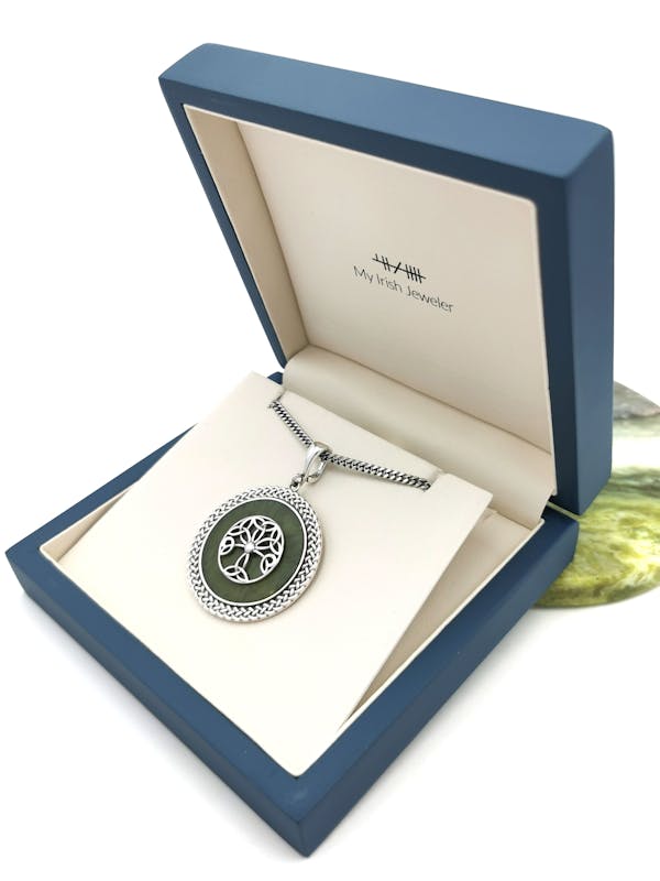 Womens Large Tree of Life & Connemara Marble Necklace in Real Sterling Silver. In Luxury Packaging.