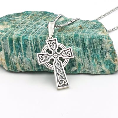 Mens Silver Oxidized Celtic Cross Necklace Cropped