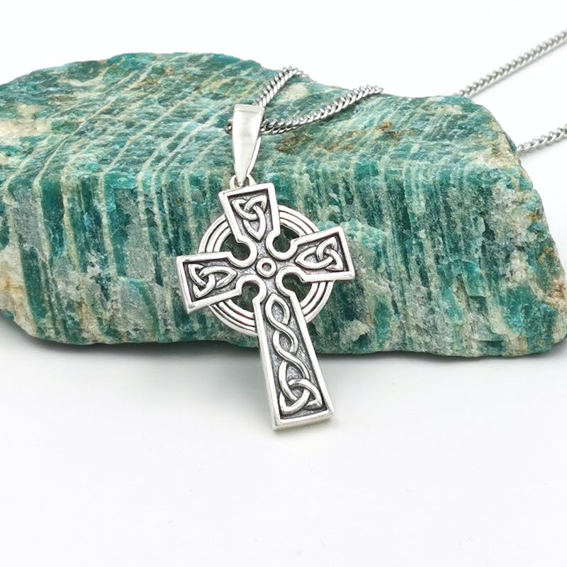 Mens Silver Oxidized Celtic Cross Necklace