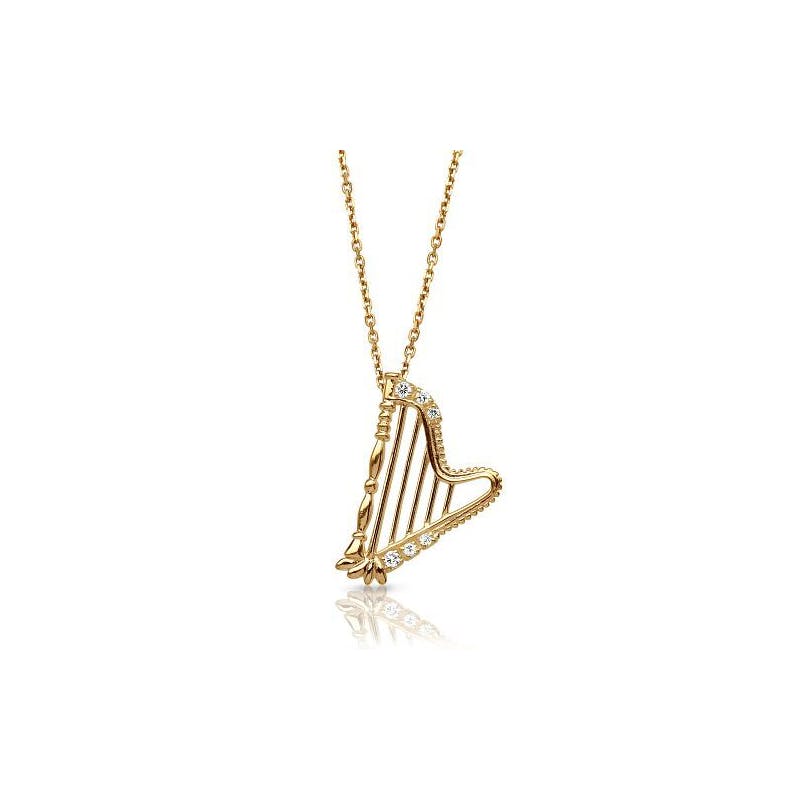 Real 9K Yellow Gold Irish Harp Necklace For Women