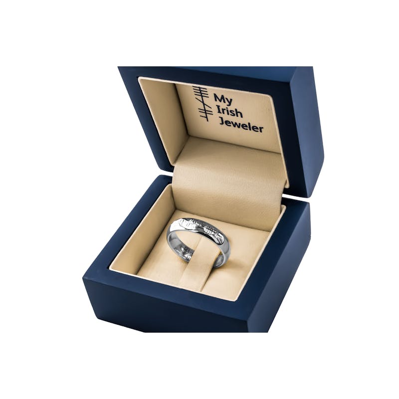 Polished Platinum 950 Ogham Wedding Ring. In Luxury Packaging.