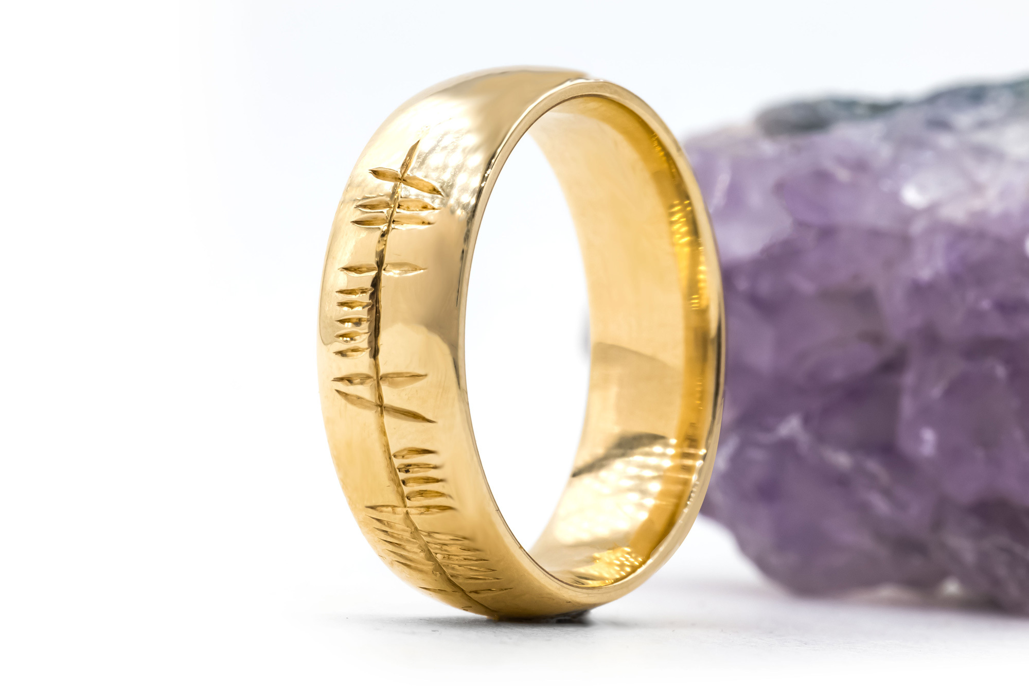 Polished Ogham Engravable Ring in Real Yellow Gold. Side View.
