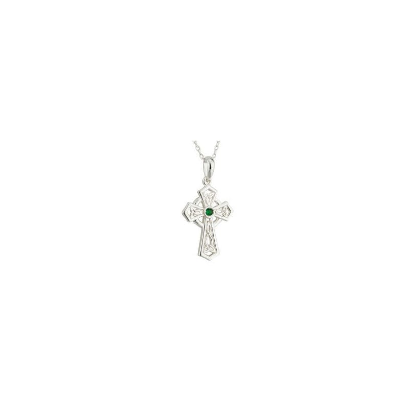 Silver Celtic Cross Pendant set with Green Crystal