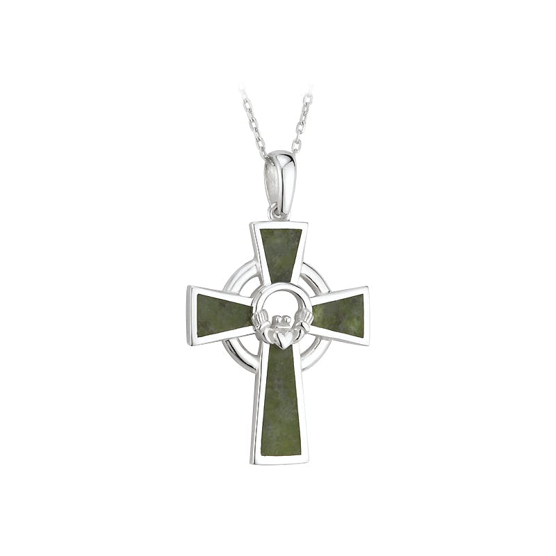 Silver Connemara Marble Celtic Cross Pendant with Claddagh