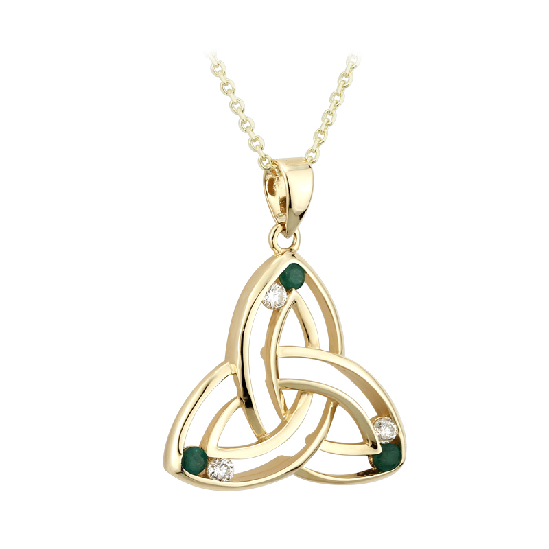 celtic trinity knot necklace set with emerald and diamond