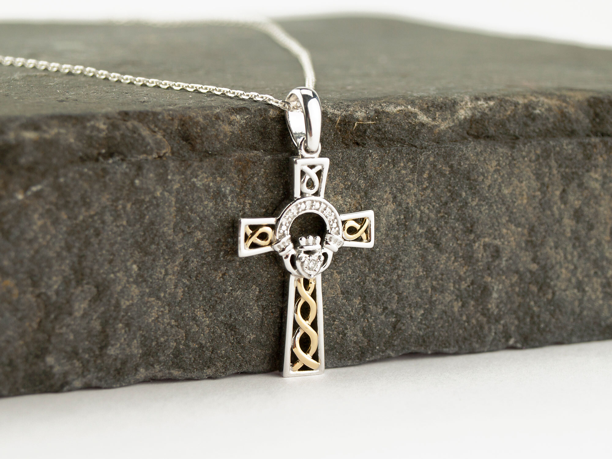 Diamond Amethyst Rose Gold Claddagh Celtic Cross Necklace