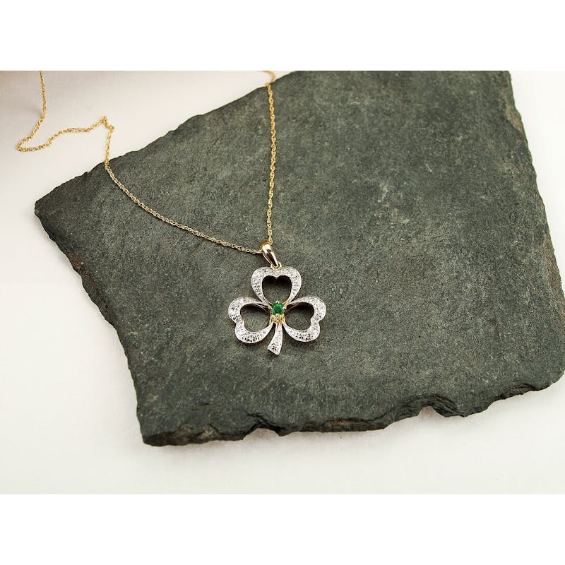 14K Gold Shamrock Necklace set with Real Emerald and Diamonds From Ireland
