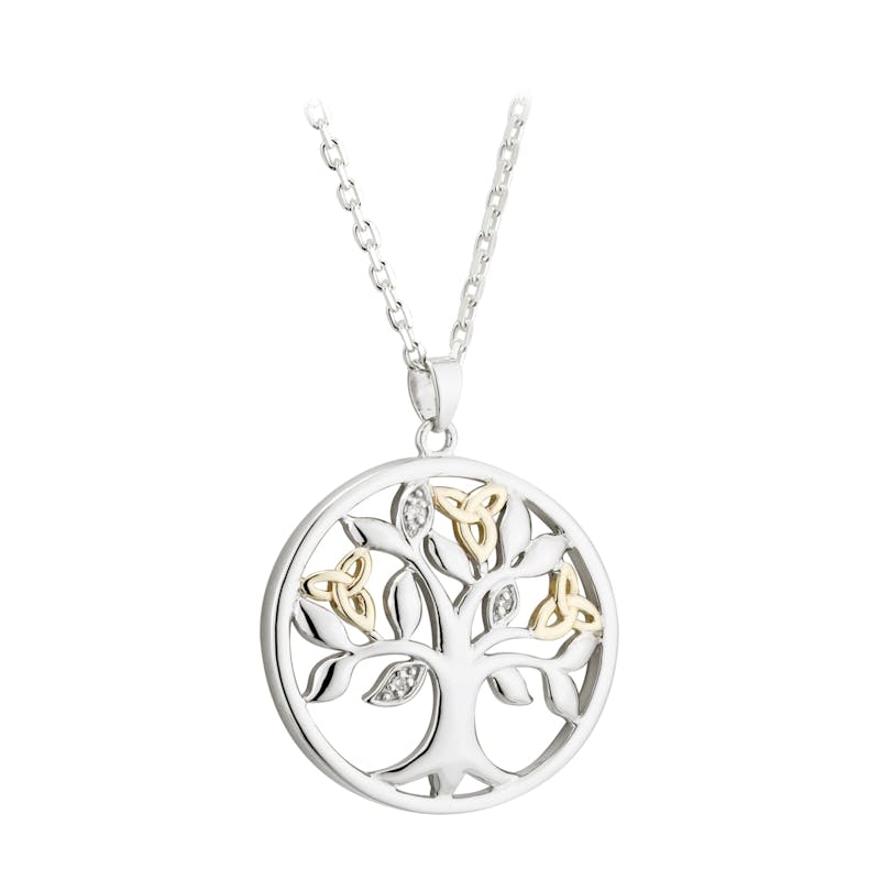 Womens Striking Sterling Silver & Yellow Gold Tree of Life Necklace