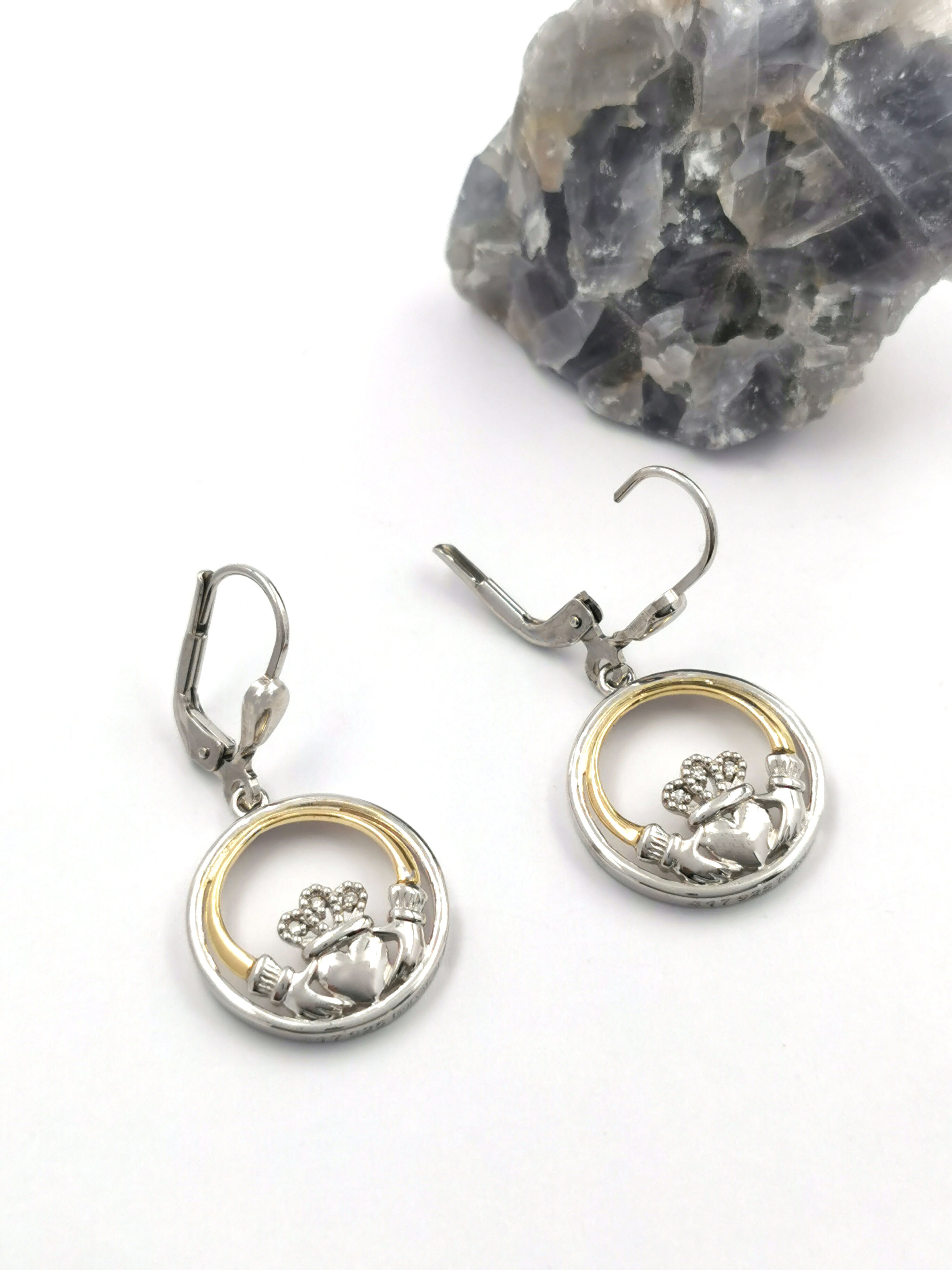 Gorgeous Sterling Silver & 10K Yellow Gold Claddagh Earrings For Women With a Polished Finish. Photographed Open.